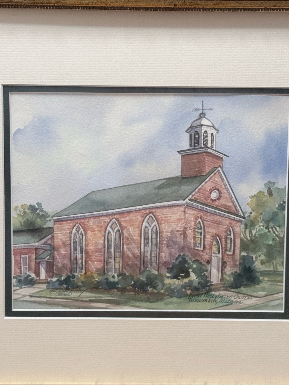 Watercolor Church Wall Art in Green and Brick Tones